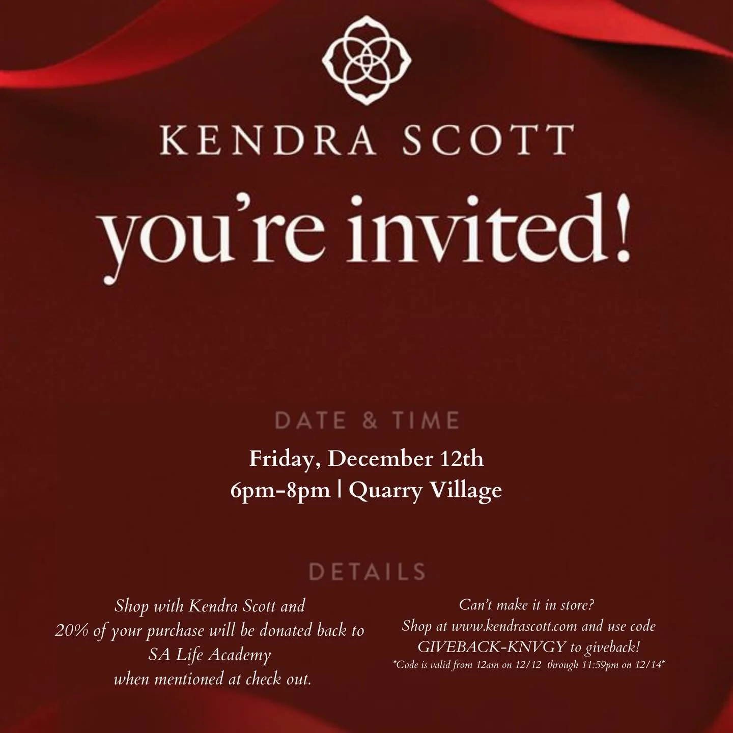 ✨ Kendra Scott Fundraiser for SA Life Academy ✨
🗓️ When: THIS Friday, Dec 12
📍 Where: Kendra Scott at Quarry Village &amp; Online
⏰ In-Store: 6&ndash;8 PM | 310 E Basse Rd, San Antonio, TX 78209
⏰ Online: 12 AM 12/12 &ndash; 11:59 AM 12/14 | 
‼️ Co