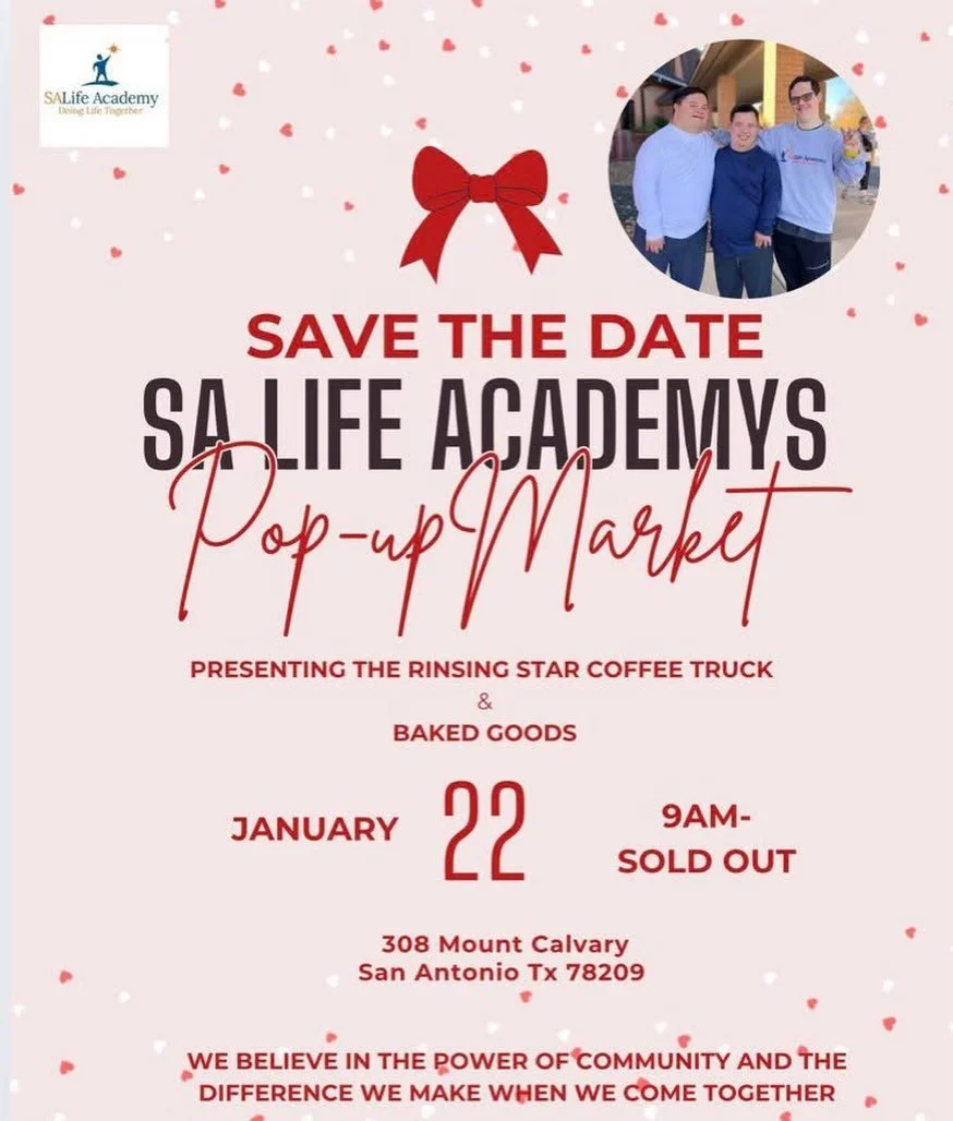 📆 Please join us on Thursday, January 22nd for our first Pop-Up Market of the year! 

Shop handmade goods like baked treats, coffee, earrings, and more! 
All made with love by our incredible STARS! ⭐️

All proceeds are reinvested back into SA Life A