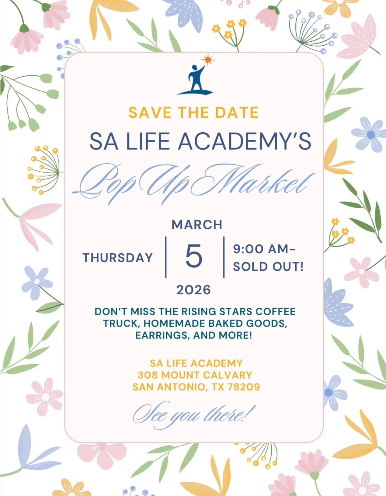 Mark your calendars! 🌸
Our STARS have been working hard, and we&rsquo;re so excited to host our Spring Pop-Up Market on March 5th at 9:00 a.m.

Stop by, shop their incredible work, and help us sell out! 💫

#salifeacademy #doinglifetogether #popupma