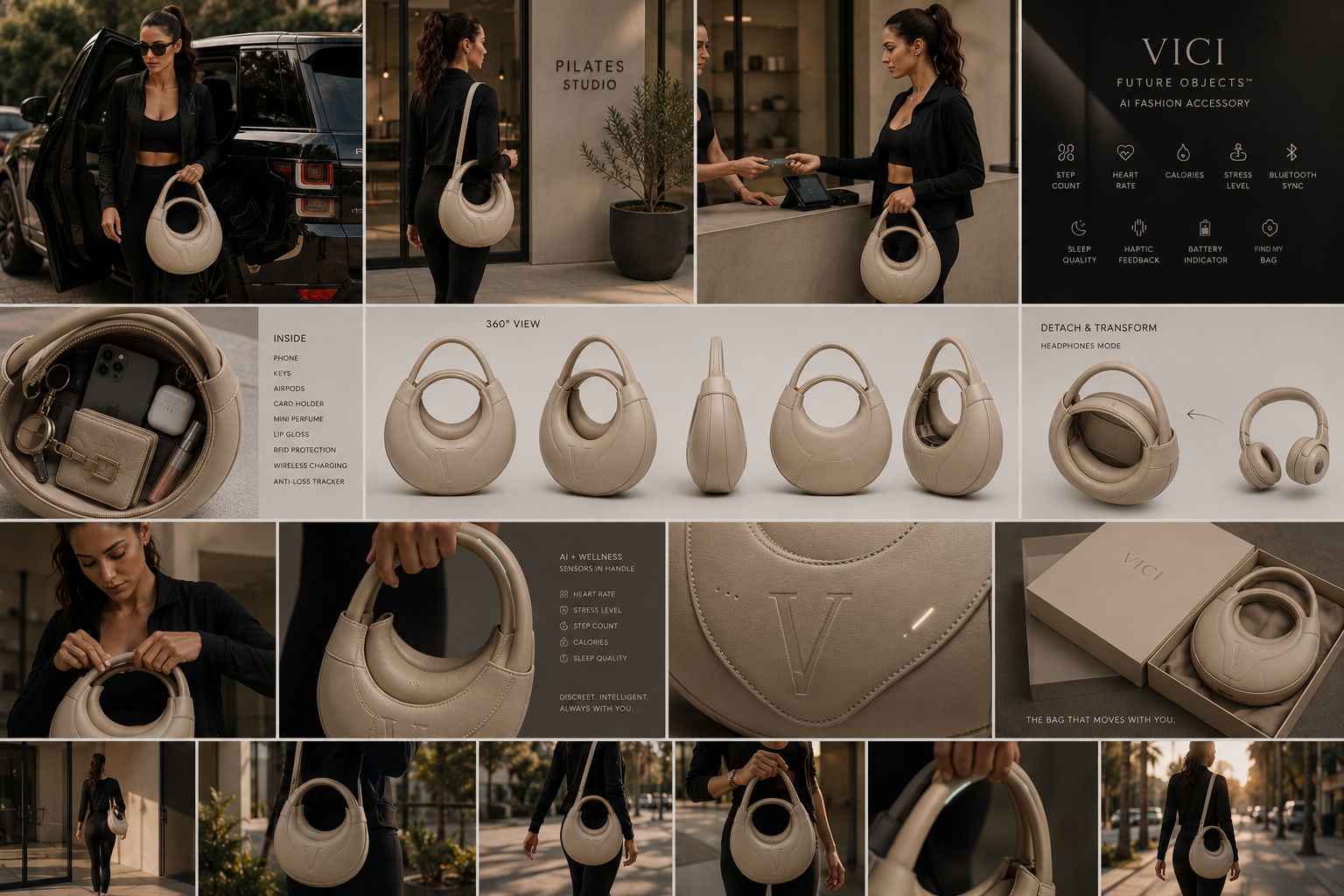Editorial inspiration board showcasing luxury branding, fashion photography, product styling, and VICI Studio's creative direction.