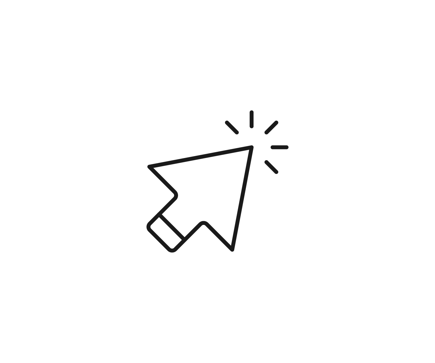 A computer mouse cursor icon clicking on a circular button with a sparkle effect.