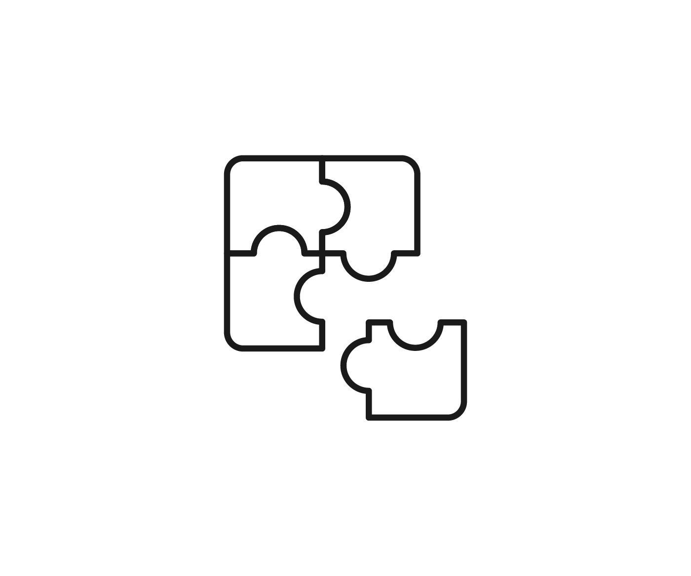 Black background with a white outline of four interconnected puzzle pieces.