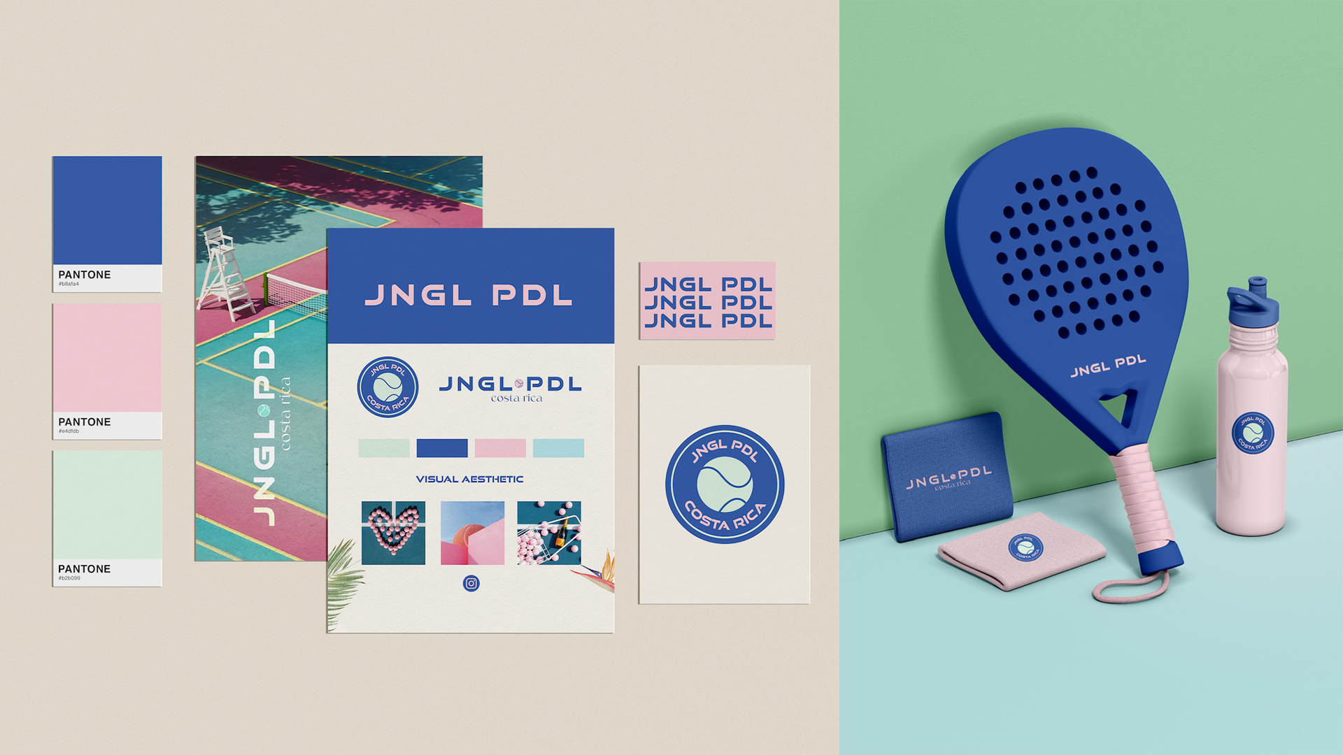 Designs and branding materials for JNGL PDL, a Costa Rican organization, including color swatches, logo designs, posters, and branded accessories like a water bottle, paddle, and wallet in pink, blue, and pastel green colors.