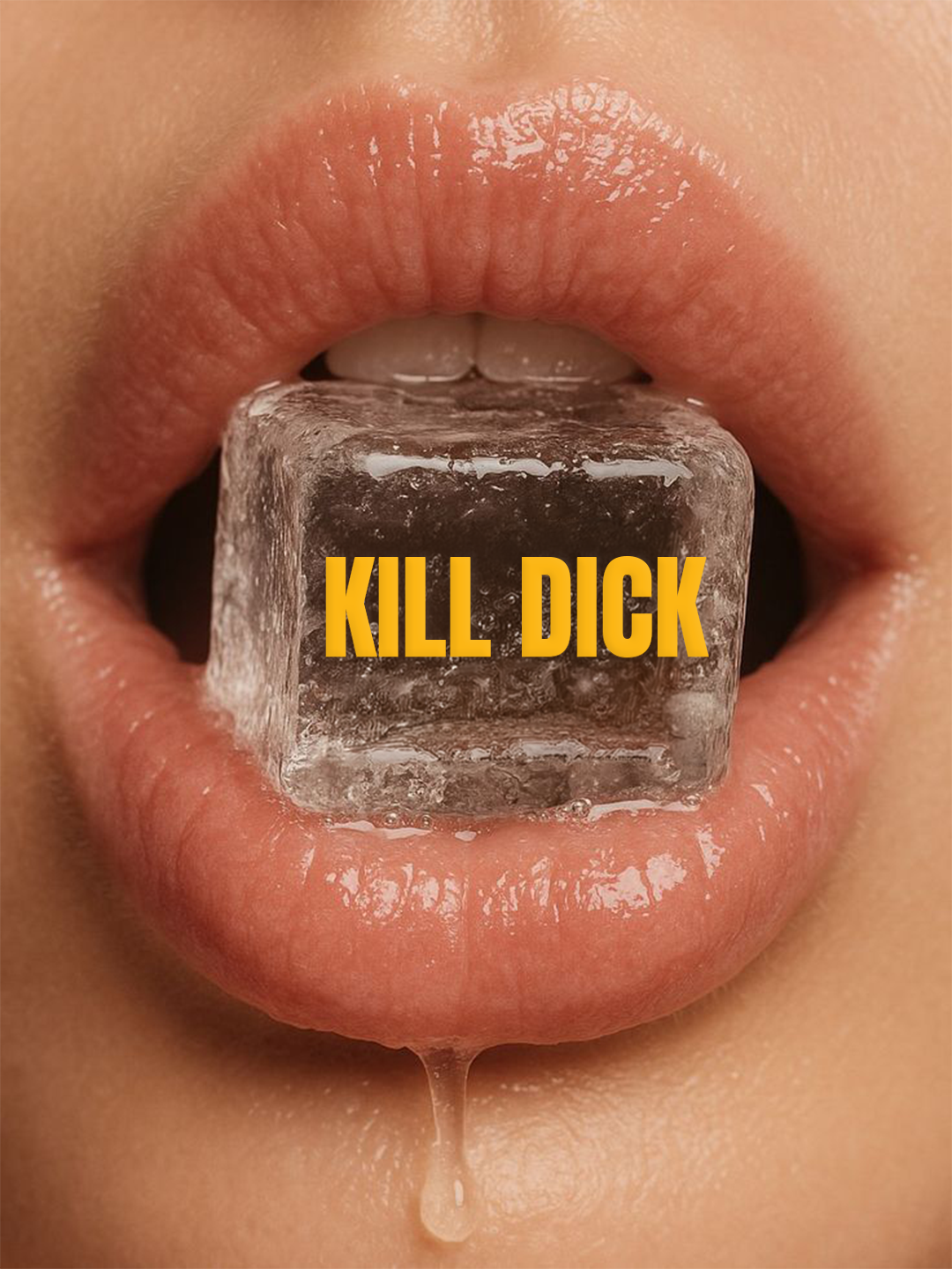 Close-up of person's lips with an ice cube in mouth, with the words "KILL DICK" written on the ice in yellow text.
