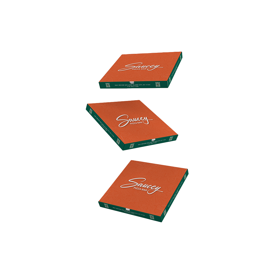 Pizza packaging design for Saucey Pizza Bar featuring bold restaurant branding, custom box design, and hospitality visual identity.
