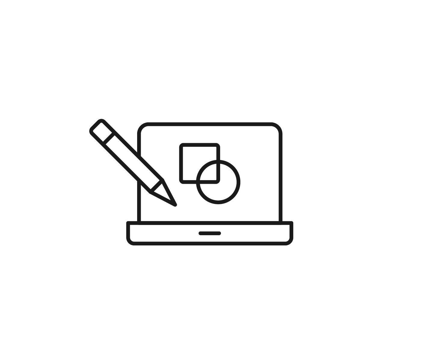 Outline of a laptop with a pencil, a square, and a circle on the screen, symbolizing digital design or editing.