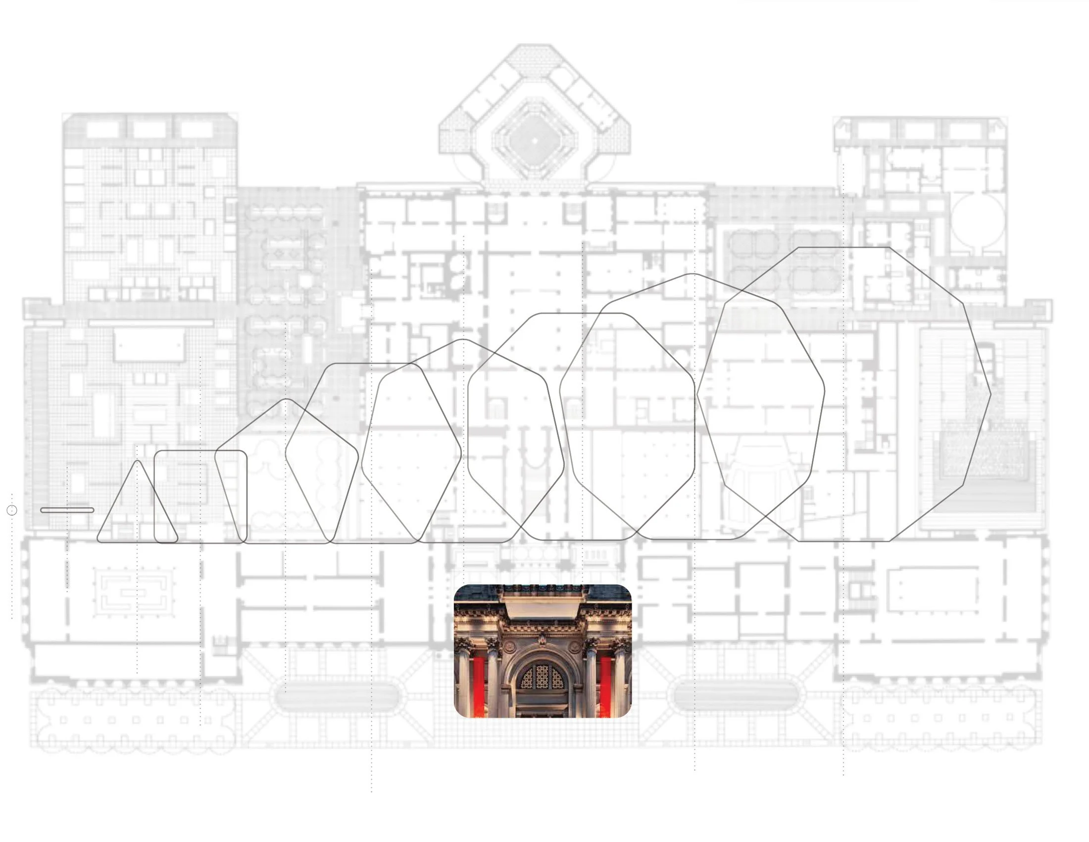 Architectural blueprint of a large building with a detailed interior photo at the bottom center. The blueprint includes various rooms and a series of irregularly shaped lines across the middle.