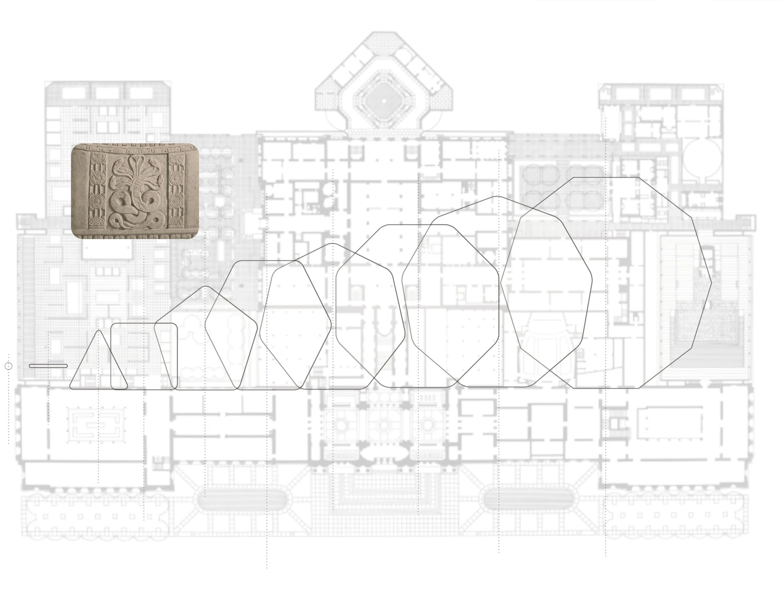 A floor plan with overlaid line graph and an inset image of an ancient carved stone artifact featuring a stylized animal figure.