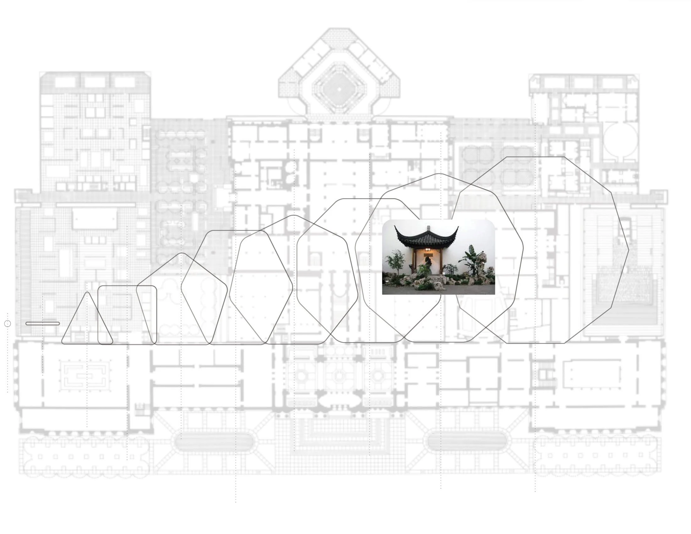 A floor plan drawing of a building with a superimposed line graph and a small image of a traditional Asian-style garden with a pagoda roof structure in the center.