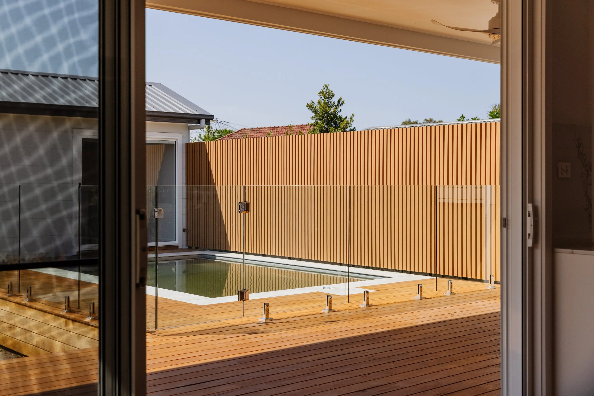 Decking and pool, and pool house