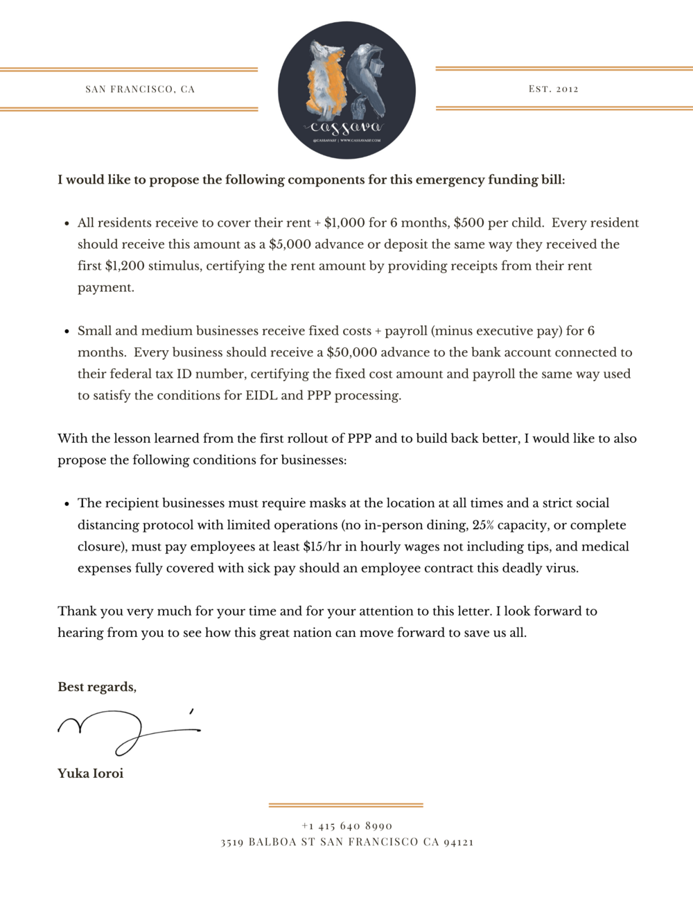 A Letter to Speaker Pelosi from Restaurant Owner Yuka Ioroi — SF New Deal |  Small Business Support & Food Relief in San Francisco