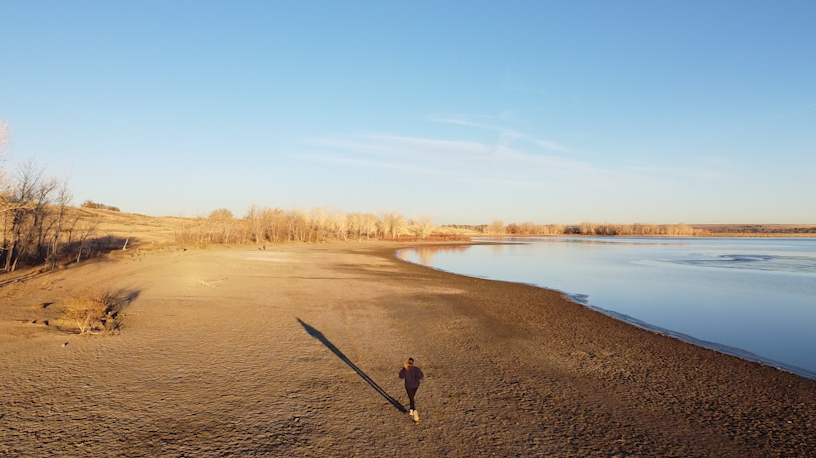 A person walking alone on a sandy beach near a calm body of water during sunset or sunrise, with a clear blue sky.