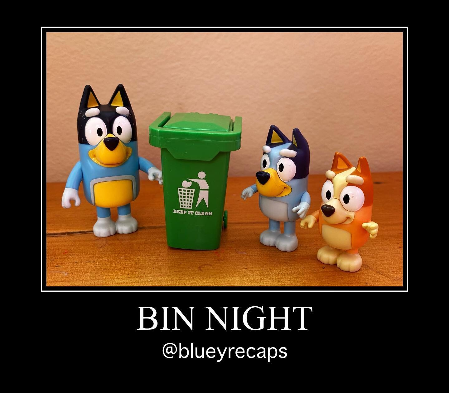 Bluey Recap: Bin Night (#2.34)
#bestbits: Doreen joining in the bin chat
#lifelesson: even crows hate the recorder instrument, and Heeler&rsquo;s are stubby but tough
.
Bandit and the girls are taking the bins out for collection, a weekly ritual they