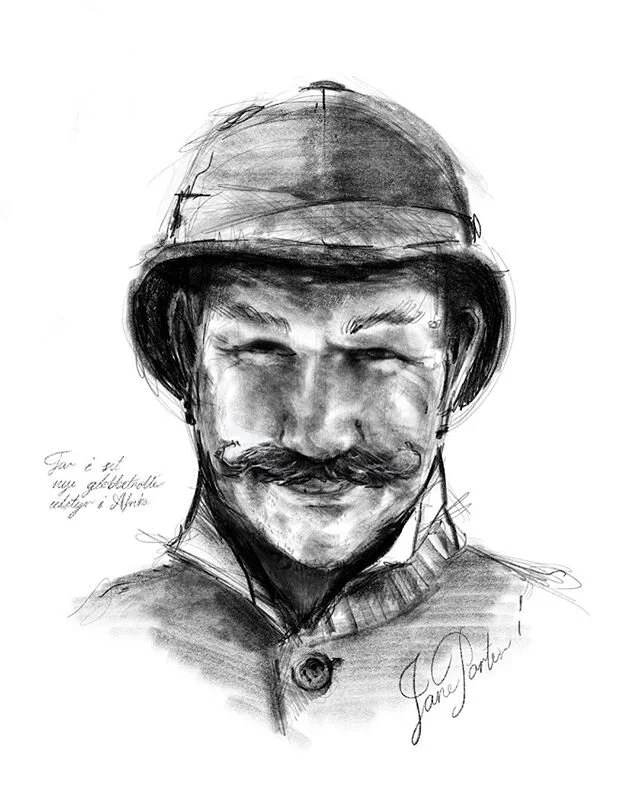 [ From Work ] Pages from Jane Porters sketchbook. A fun little assignment for Fredericia Theaters production of the Tarzan musical. 
First picture: Anders Bircow as Professor Porter (drawn before the actual styling for the show was done). [ #frederic