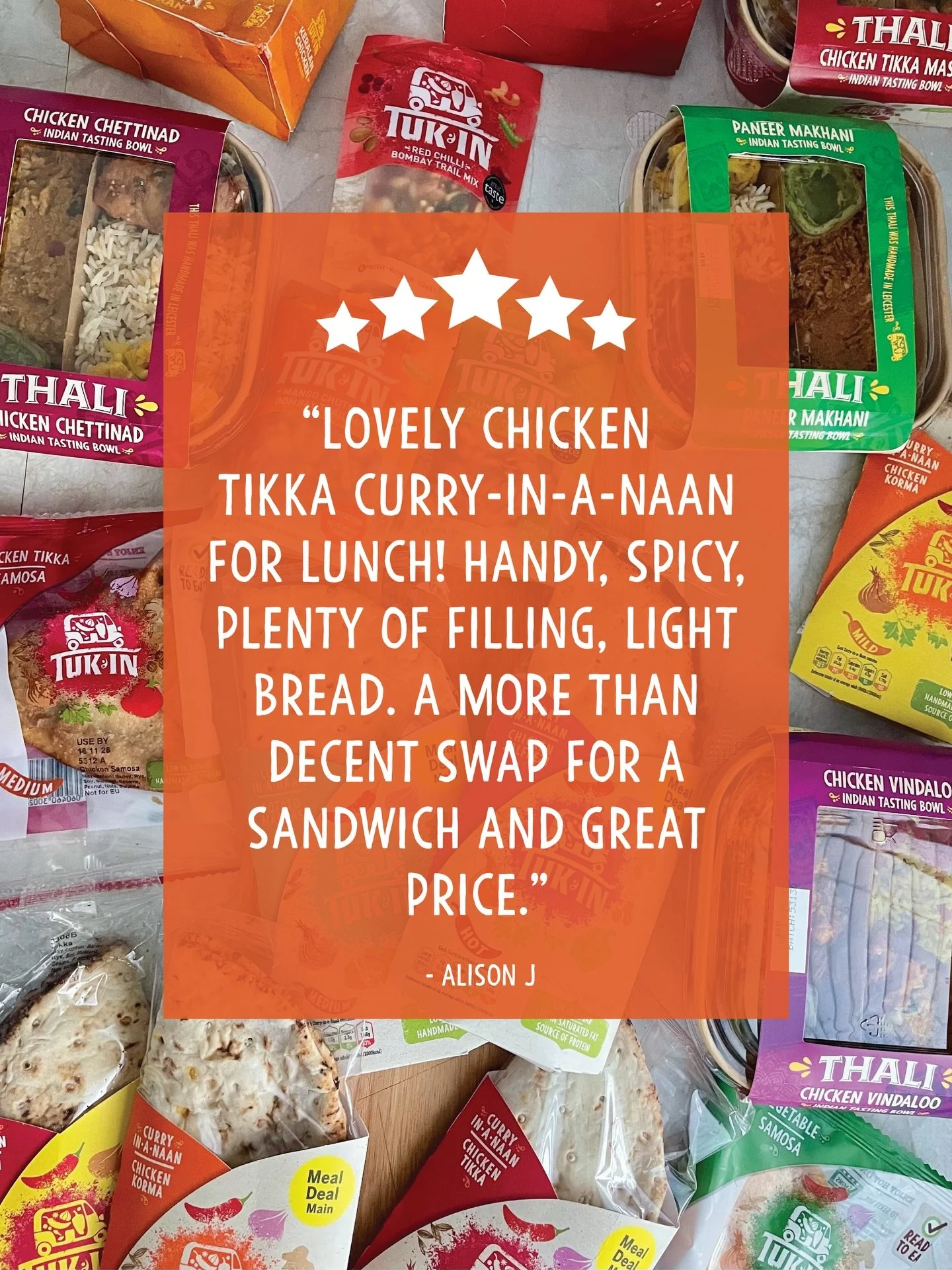 ⭐️⭐️⭐️⭐️⭐️ Lunch just got a glow-up! Our Chicken Tikka Curry in a Naan is the perfect swap for a boring sandwich 😌🔥
&bull;
&bull;
Tuk In Curry in Naans available in CoOp, NISA, Morrisons, Tesco, Spar, Rontec, WHSmith, One Stop, Muscle Food, Amazon,