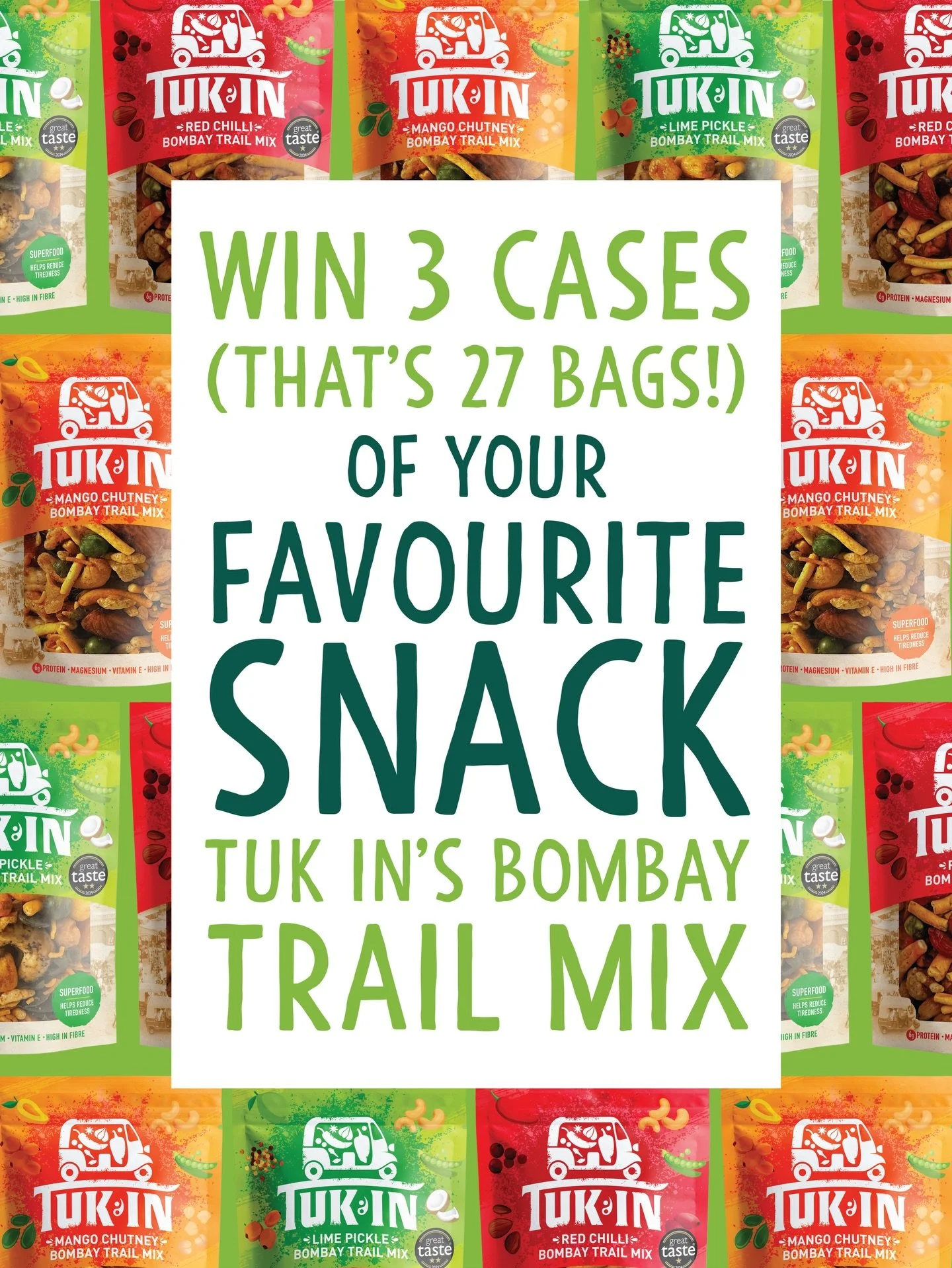 🚨 GIVEAWAY TIME 🚨 We&rsquo;re giving you the chance to WIN 3 whole cases (that&rsquo;s 27 bags 👀) of Tuk In&rsquo;s legendary Bombay Trail Mix! From the fiery kick of Red Chilli 🔥 to the sweet &amp; tangy Mango Chutney 🥭 and the zesty Lime Pickl