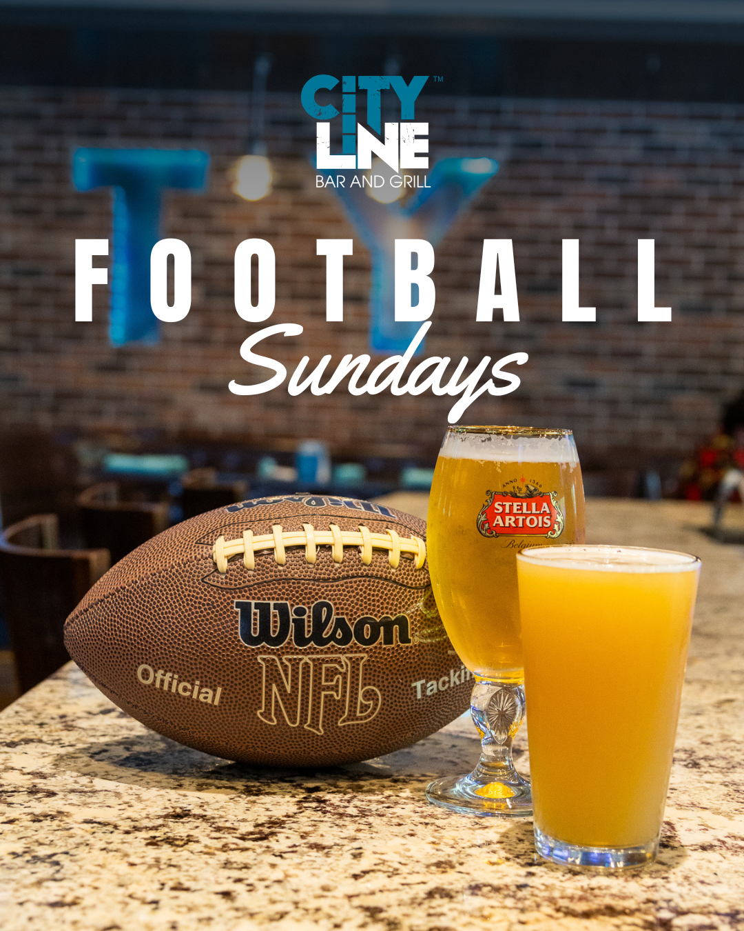 A football and two glasses of beer on a bar counter at a restaurant called City Line Bar and Grill, promoting football Sundays.