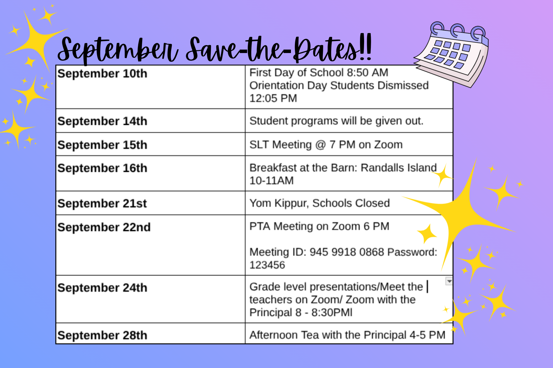September Save the Dates List!