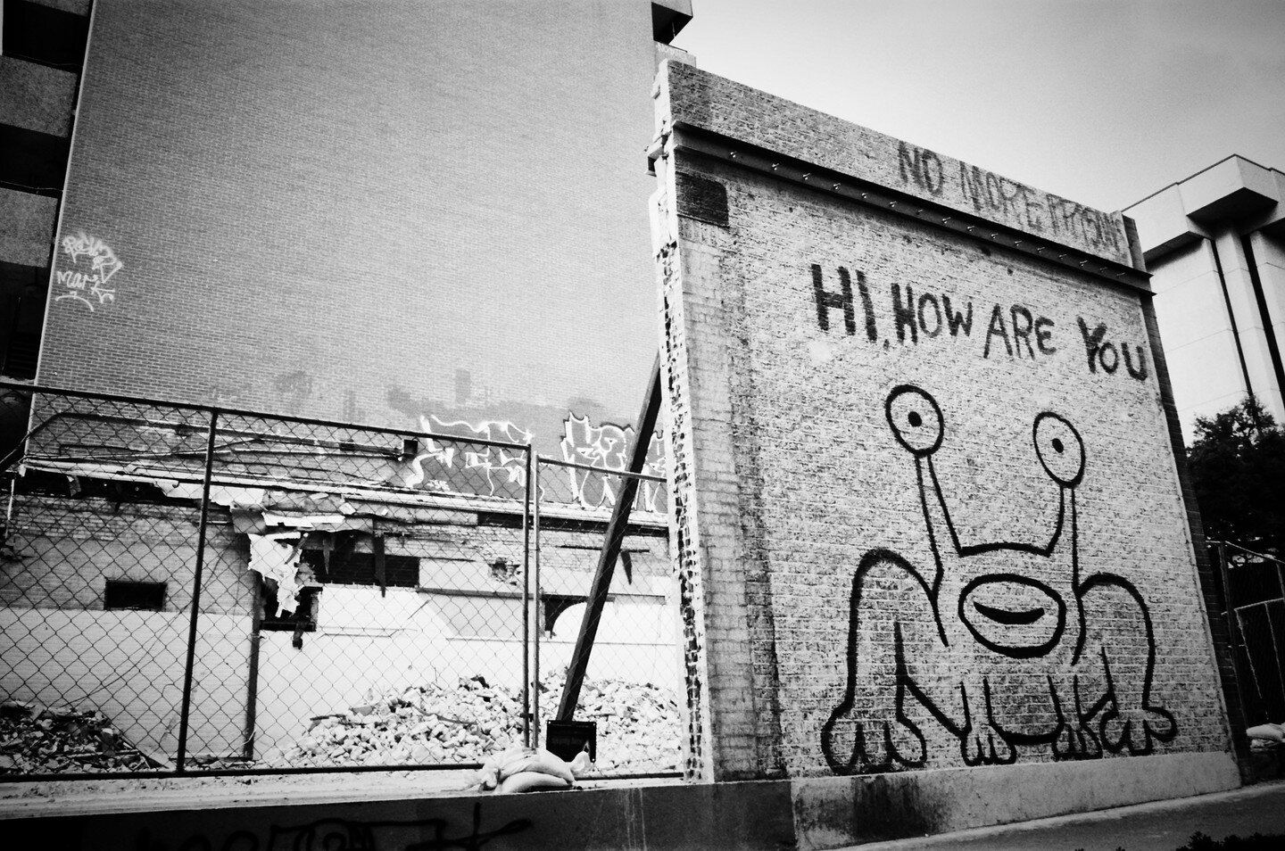 The remnants of the &quot;Jeremiah the Innocent&quot; mural, originally the cover art for Daniel Johnston's 1983 album &quot;Hi, How Are You?&quot;

It became Austin's most iconic piece of street art, synonymous with the culture at that time, earning