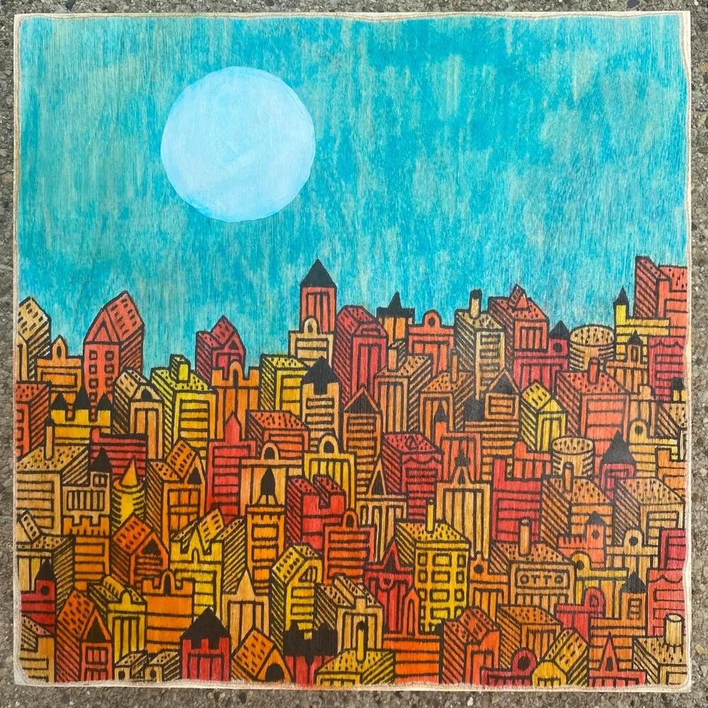 Big Moon | 8”x8” wood panel. Ink, acrylic ink, and acrylic on wood. Sanded edges and corners and uv protectant and matte finish
