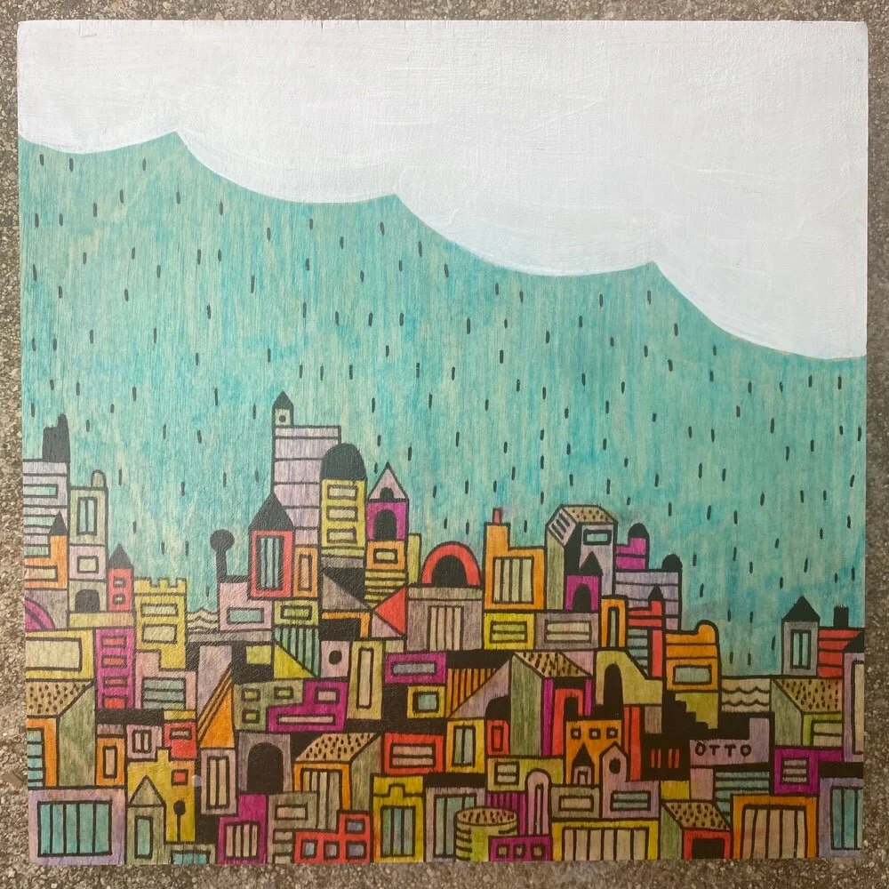 City Stack | 8” x8” wood panel. Acrylic, acrylic ink and ink on wood. Uv protectant, gloss finish.