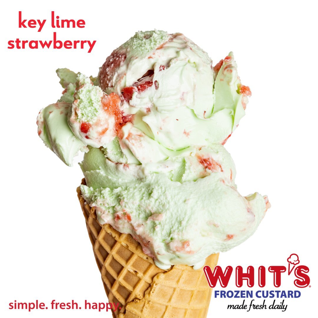 Prepare for a tangy twist with our Key Lime Strawberry: Key Lime Custard with Fresh Strawberries. (Check your local Whit's for participation)
#Whits #FrozenCustard #WhitsFrozenCustard #madefreshdaily #simplefreshhappy #custard #keylimestrawberry #tan
