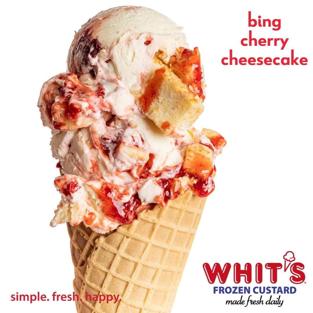 Let's celebrate National Cherry Cheesecake Day with our delicious Bing Cherry Cheesecake. Bing Cherry Cheesecake: Vanilla Custard with Cheesecake BItes and Bing Cherry Swirls. (Check your local Whit's for participation).
#Whits #FrozenCustard #WhitsF