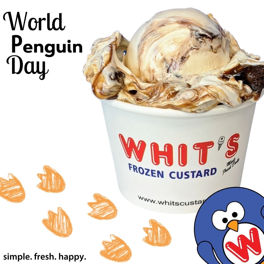 Happy World Penguin Day! Dive into the Arctic chill with Little Whit's favorite flavor! Penguin Tracks: Vanilla Custard with Brownie Bites, Fudge Swirls, and Caramel Swirls. (Check your local Whit's for participation).
#Whits #FrozenCustard #WhitsFro