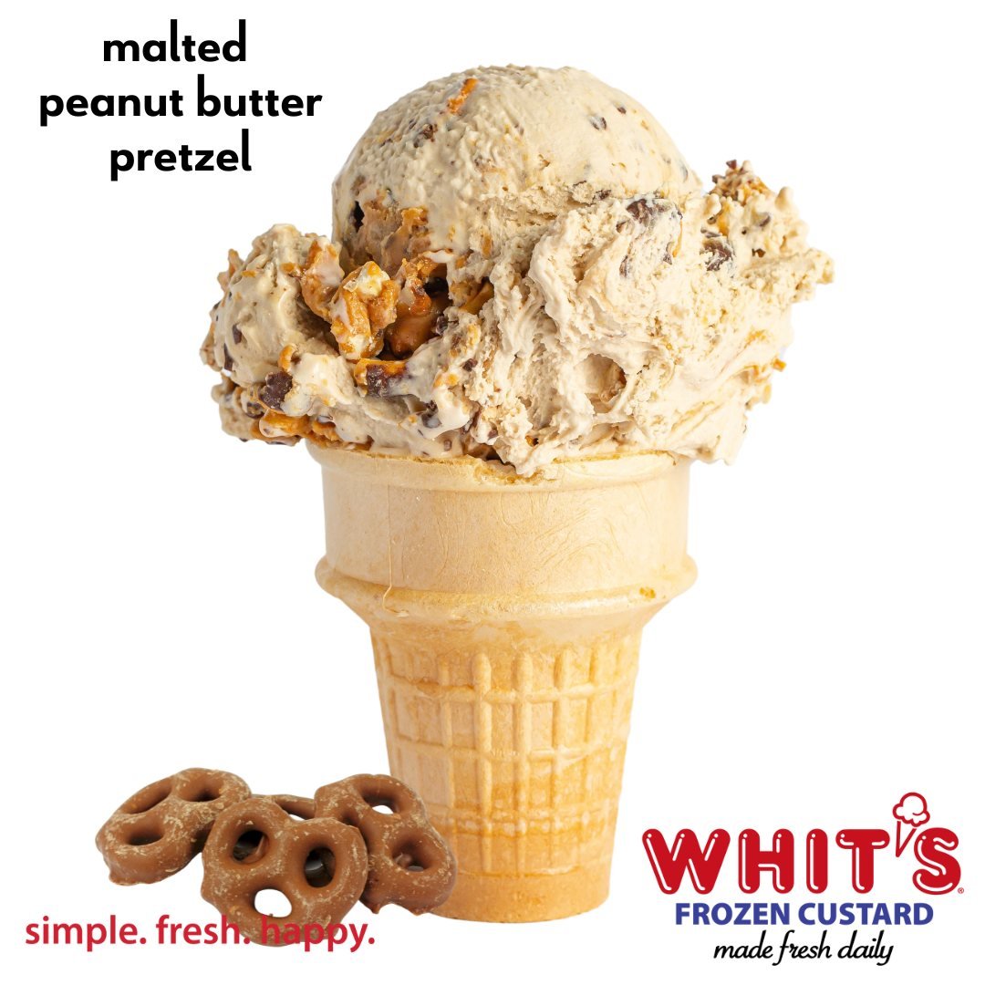 Get ready for a twisted treat! Malted Peanut Butter Pretzel: Malt Custard with Chocolate Covered Pretzels, Malt Powder, and Peanut Butter Swirls. Happy National Pretzel Day. (Check your local Whit's for participation).
#Whits #FrozenCustard #WhitsFro