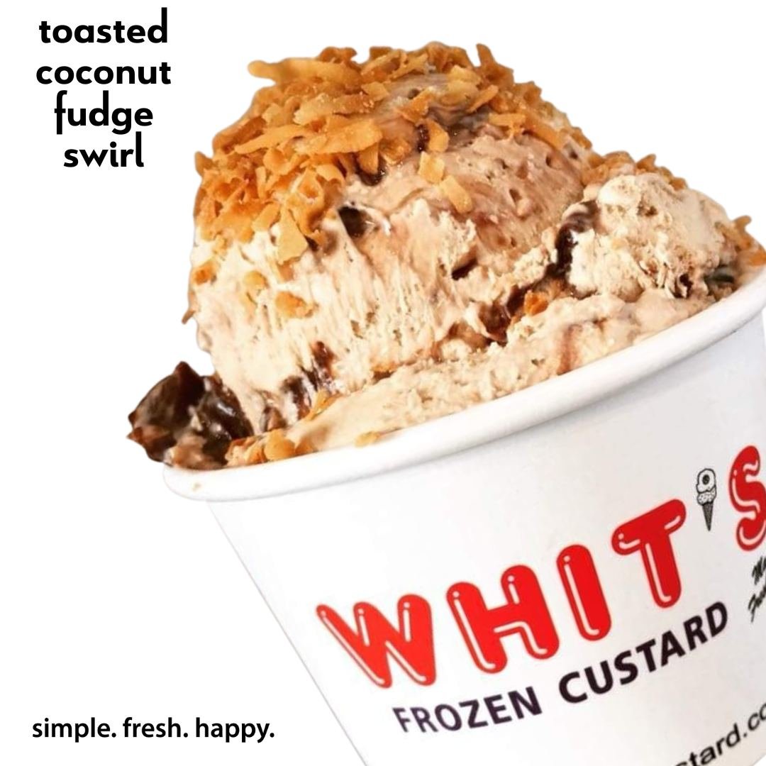 It's a coconutty sensation that will elevate your tastebuds! Toasted Coconut Fudge Swirls: Toasted Coconut Custard with Toasted Coconut Flakes and Fudge Swirls. (Check your local Whit's for participation).
#Whits #FrozenCustard #WhitsFrozenCustard #m