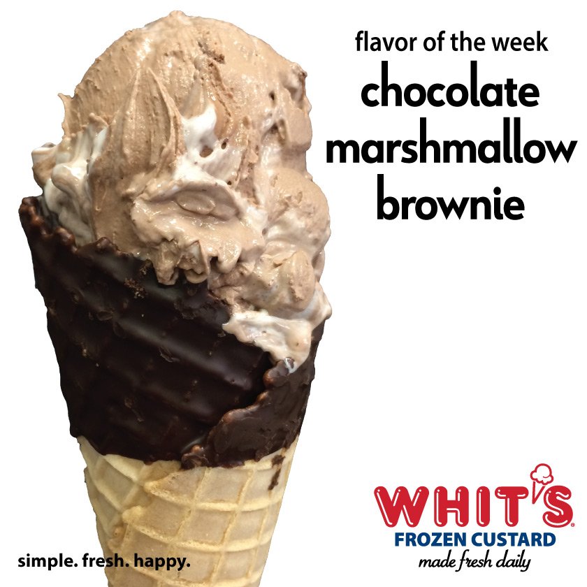 Get ready to taste the sweetest collision of flavors with our Flavor of the Week: Chocolate Marshmallow Brownie! Indulge in the creamy goodness of Chocolate Custard swirled with delectable Brownie Bites and fluffy Marshmallow Swirls. 
#Whits #FrozenC