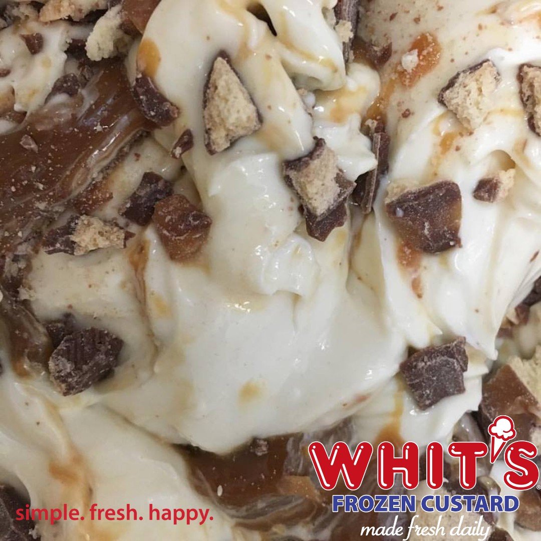 Experience the creamy goodness of Vanilla Custard mixed with Chopped Twix&reg; Bar and Caramel Swirls. It's a spoonful of pure delight! (Check your local Whit's for participation)
#Whits #FrozenCustard #WhitsFrozenCustard #madefreshdaily #simplefresh