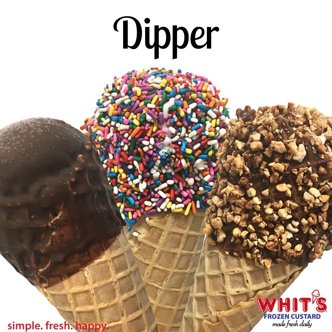 Get ready to dip into pure &quot;custard-y&quot; joy. Dipper: Vanilla Custard with Krunch Kote, Chocolate Covered Waffle cones, and Fudge Swirls. (check your local Whit's for participation).
#Whits #FrozenCustard #WhitsFrozenCustard #madefreshdaily #