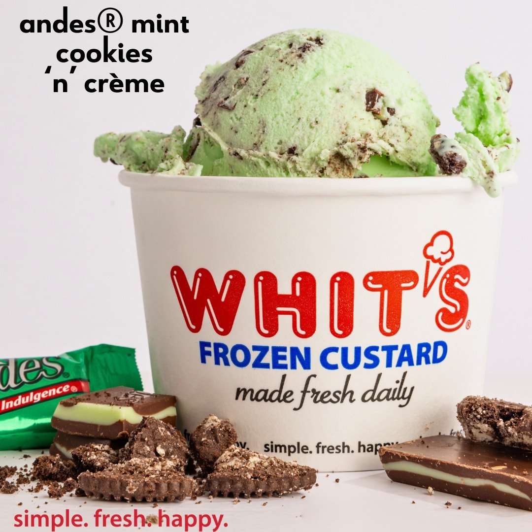 Savor the cool breeze of minty freshness with our Andes&reg; Mint Cookies 'n' Cr&egrave;me creation! Mint Custard with Crushed Andes Mint Chips and Cookies 'n' Creme. (Check your local Whit's for participation).
#Whits #FrozenCustard #WhitsFrozenCust
