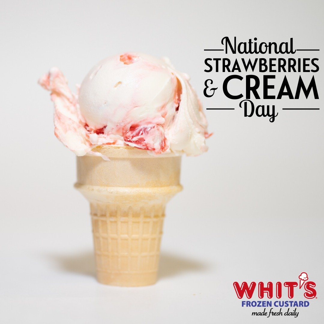 Enjoy creamy Vanilla Custard paired with the sweetness of Fresh Strawberries. Happy National Strawberries 'n' Cream Day! (Check your local Whit's for participation).
#Whits #FrozenCustard #WhitsFrozenCustard #madefreshdaily #simplefreshhappy #custard