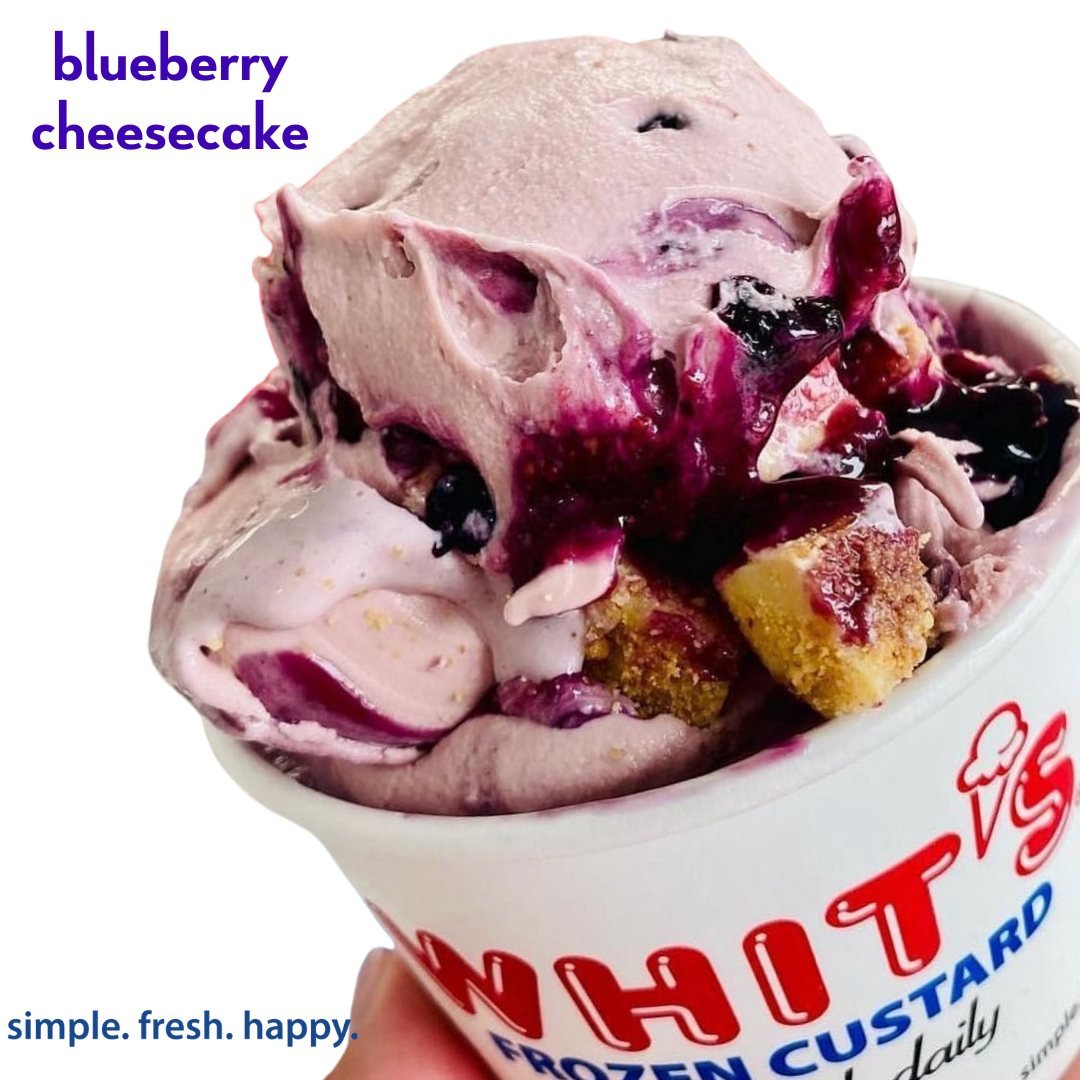 It's a dessert that'll have you feeling 'berry' satisfied! Blueberry Cheesecake: Bavarian Cheesecake Custard with Cheesecake Bites and Blueberry Swirls. (Check your local Whit's for participation). 
#Whits #FrozenCustard #WhitsFrozenCustard #madefres