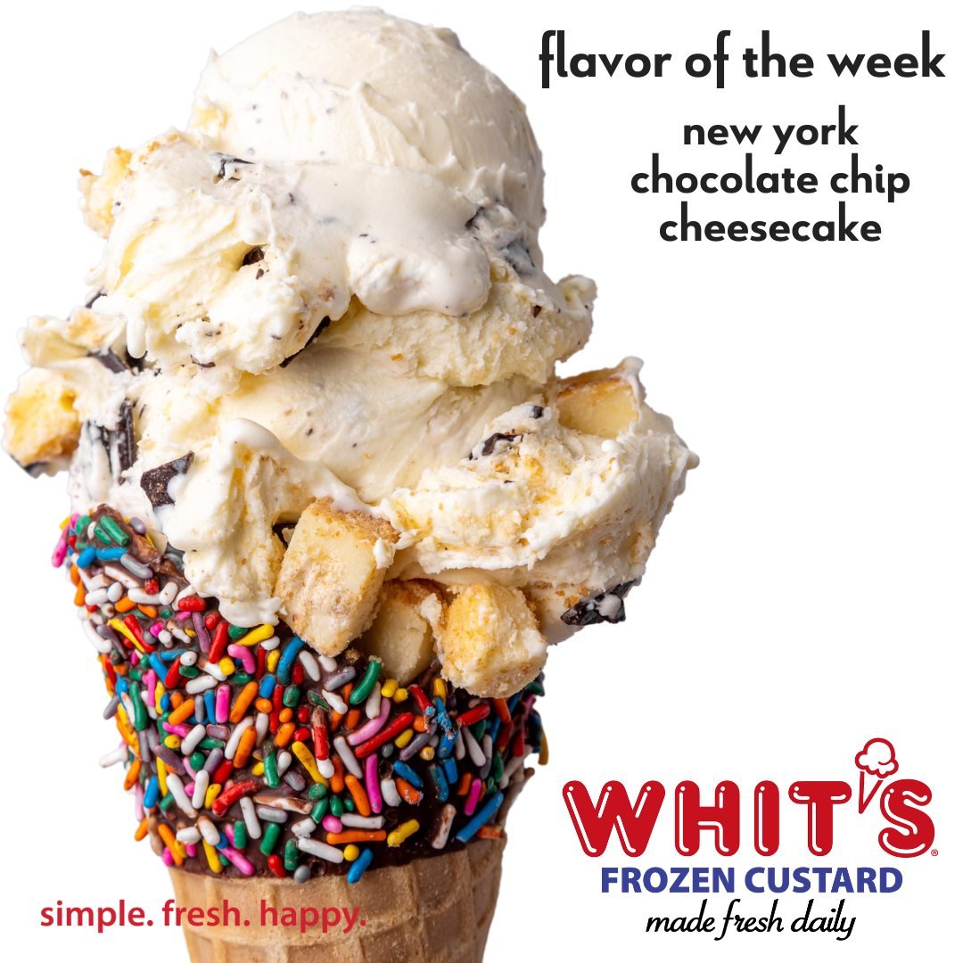 Say cheesecake!  Our Flavor of the Week is New York Chocolate Chip Cheesecake&mdash;a creamy Bavarian Cheesecake Custard loaded with Cheesecake Bites and Dark Chocolate Flakes.
#Whits #FrozenCustard #WhitsFrozenCustard #madefreshdaily #simplefreshhap