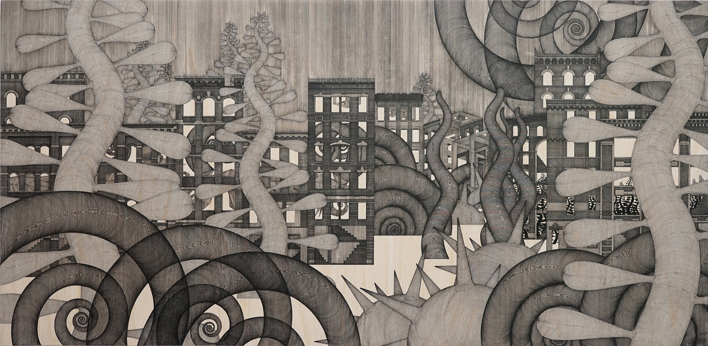 Kim Cheolyu, Midnight in Lafayette ST,121x59cm,pen on birch wood panel,2020 (1).jpg