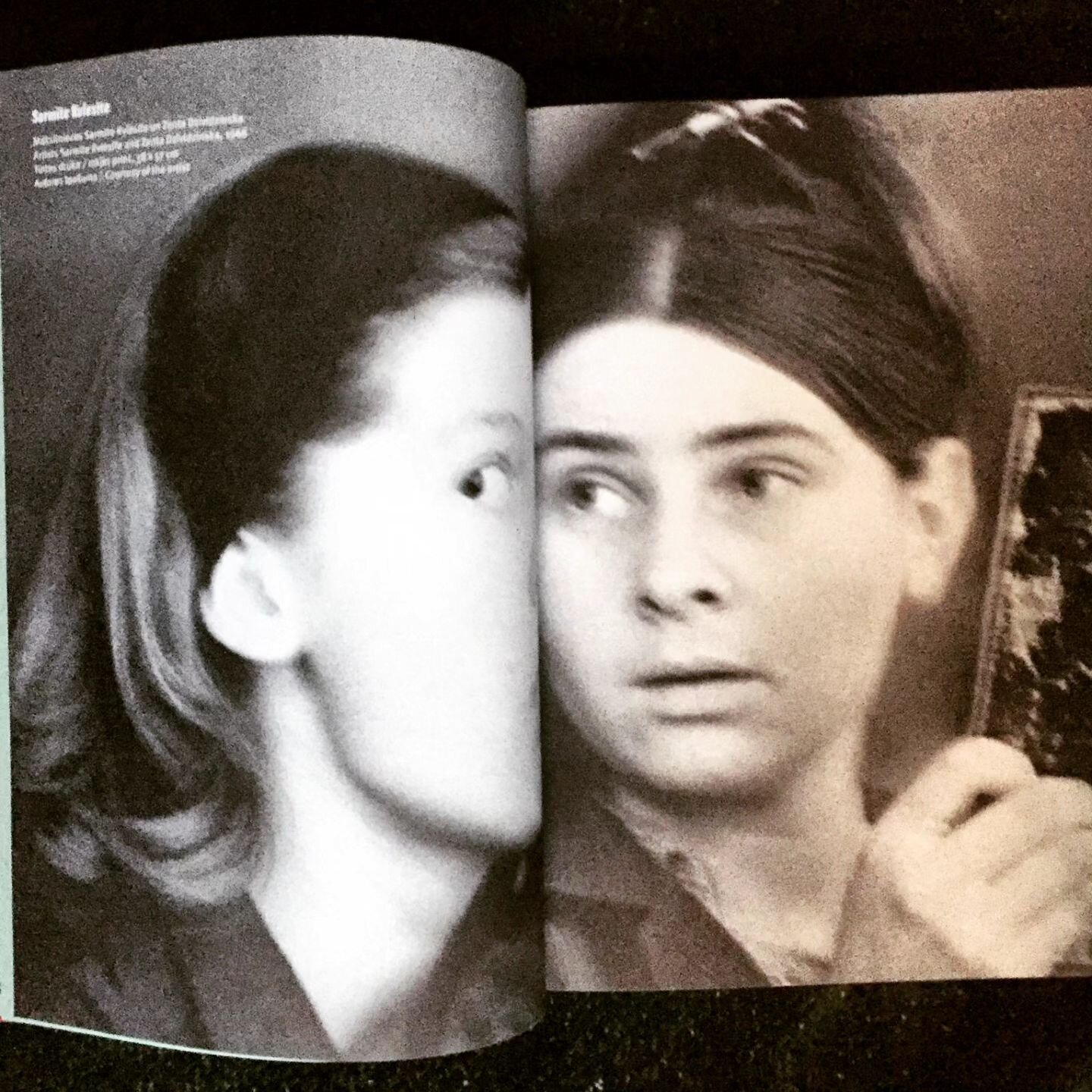 A few pages from the exhibition catalogue. First image is a double portrait by photographer Sarmīte Kviesīte together with Zenta Dzividzinska. The catalogue accompanies the exhibition entitled &quot;Don&rsquo;t Cry! Feminist Perspectives in Latvian A