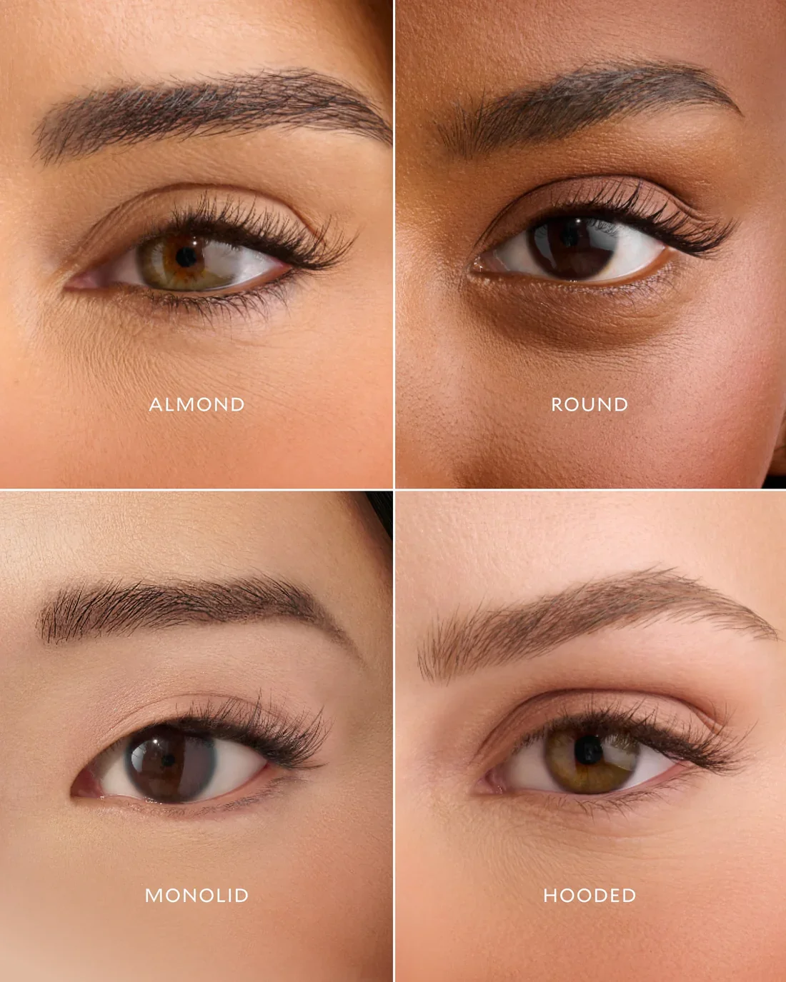 Close-up of four different eye shapes labeled almond, round, monolid, and hooded.