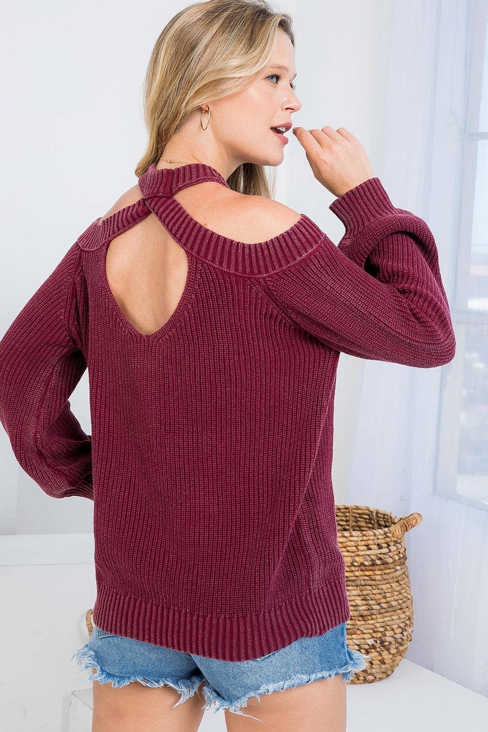 Washed Cotton Cold Shoulder Sweater Suzette s Too Boutique