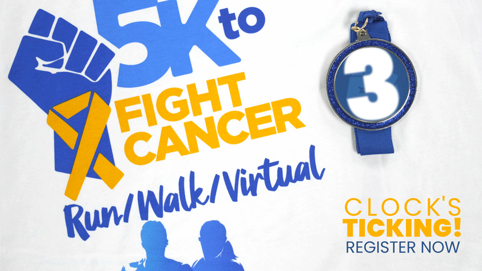 Flyer for a cancer awareness event with a blue ribbon and a running silhouette. Text reads '5K to Fight Cancer,' 'Run Walk Virtual,' and 'Clock's Ticking! Register Now.'