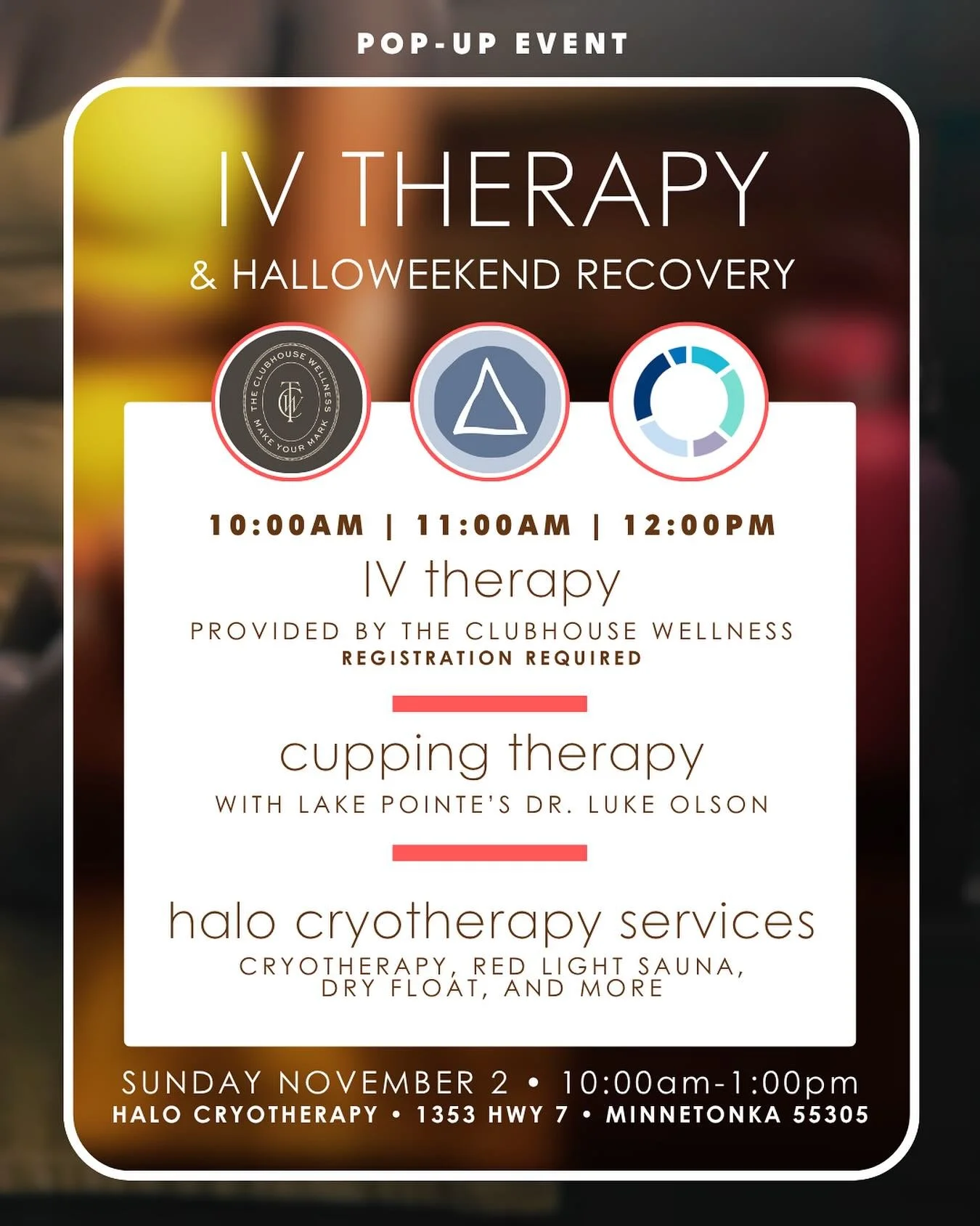 Join us for a morning of rejuvenation! Lake Pointe is teaming up with @theclubhousewellness and @halocryo for a post-Halloweekend Party! 🎃 Customize your Self-Care Sunday with the following services.
👻 𝙄𝙑 𝙉𝙪𝙩𝙧𝙞𝙩𝙞𝙤𝙣 𝙛𝙧𝙤𝙢 @theclubhous