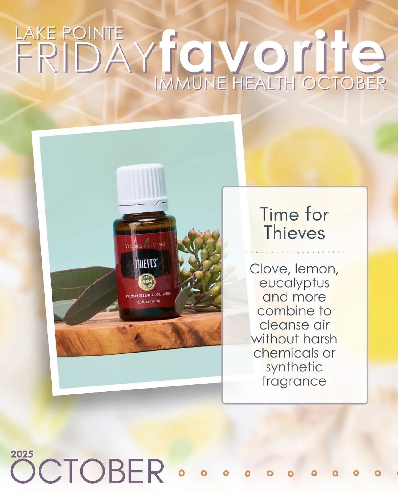 Our last #FridayFavorite of October belongs to none other than @youngliving&rsquo;s #Thieves essential oil blend. Thieves&rsquo; premium blend of warming clove, rosemary, and cinnamon combine with calming eucalyptus and uplifting lemon to leave your 