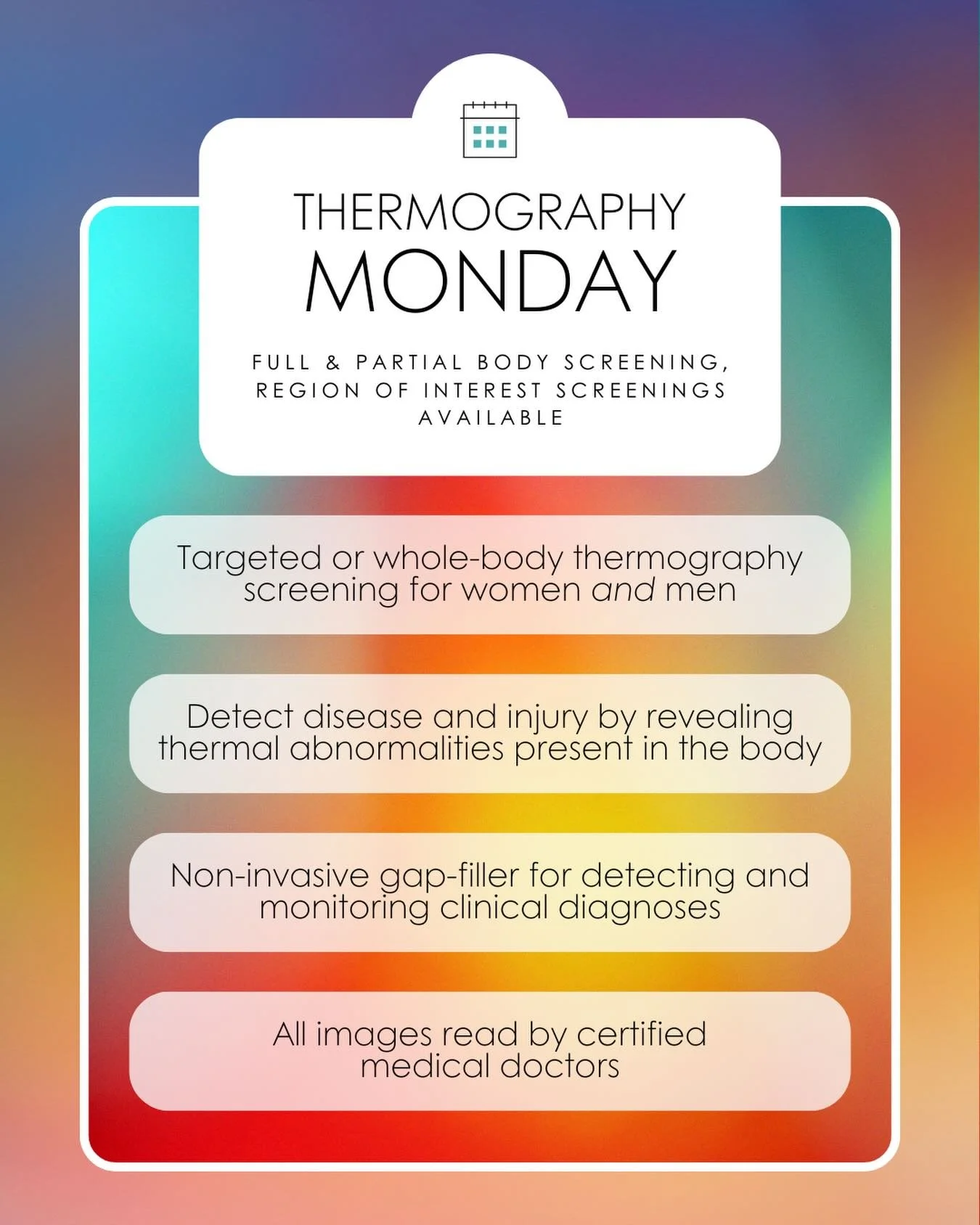 🔆 MONDAY! Our quarterly #thermography pop up with #PictureMyHealth returns to Lake Pointe next 𝐌𝐨𝐧𝐝𝐚𝐲, 𝐌𝐚𝐫𝐜𝐡 𝟑𝟎.

Non-invasive targeted or whole-body screening for any age and gender. Call to schedule today!

#bewell #lpwellness