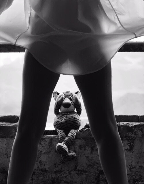 View from below of a person in a dress with their legs spread apart, holding a tiger plush toy between their legs, with a cloudy sky in the background.