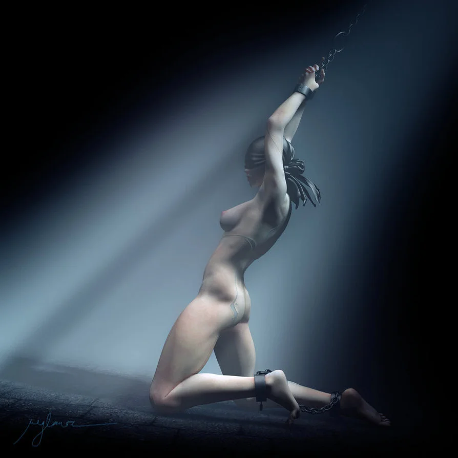 A woman kneeling on the ground, chained at her ankles, with her hands raised above her head and chained. She wears a blindfold and a bow around her neck, in a dark, moody setting with soft lighting.