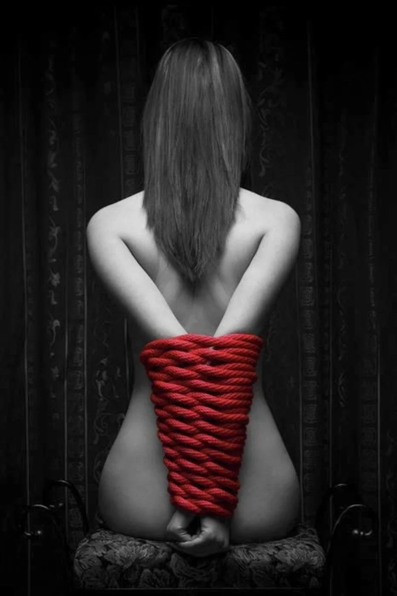 A black and white photo of a woman kneeling with her back to the camera, her arms crossed behind her back, covered with red rope used as bondage.