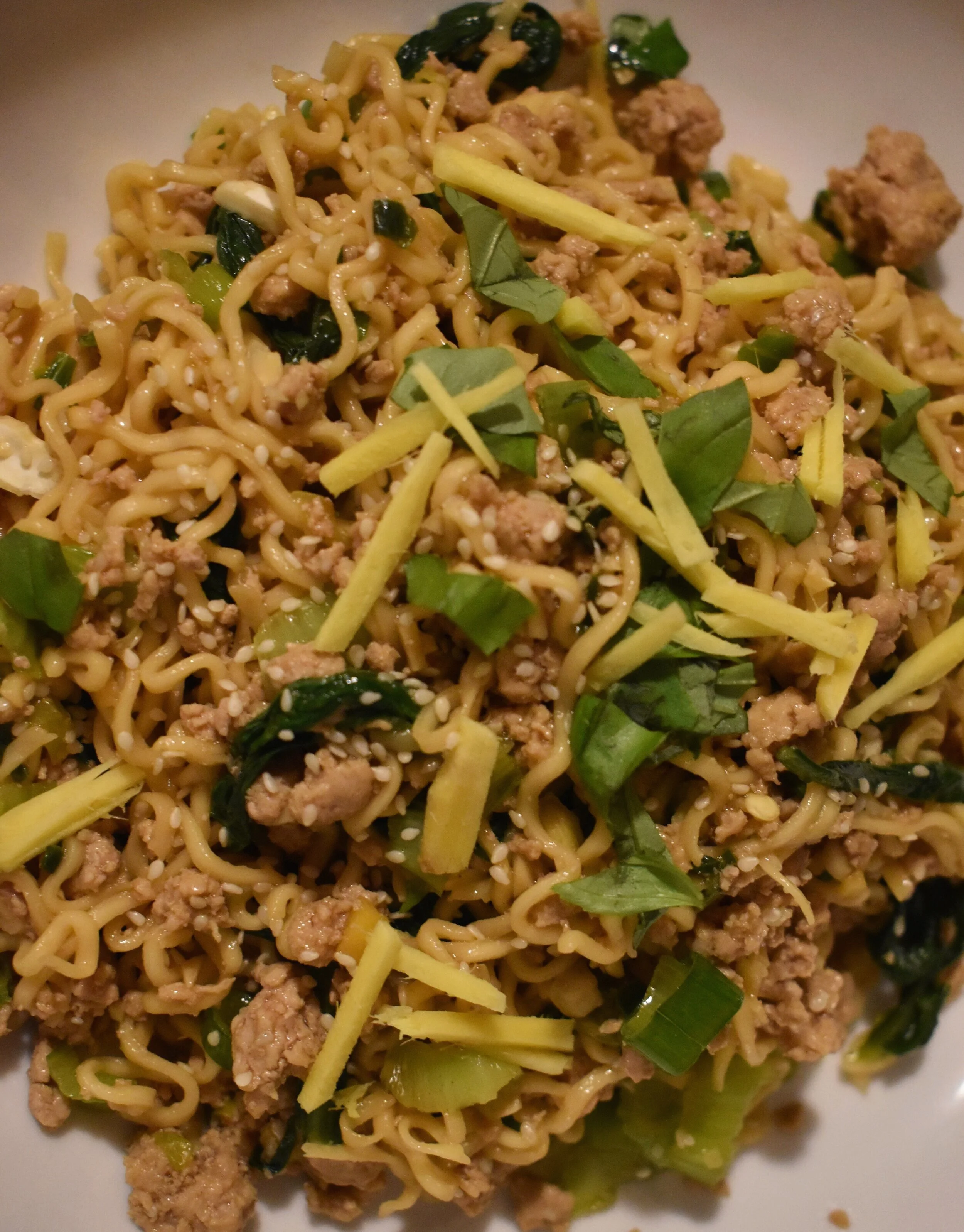 Spicy Ginger with Noodles, Pork, and Boy Choy