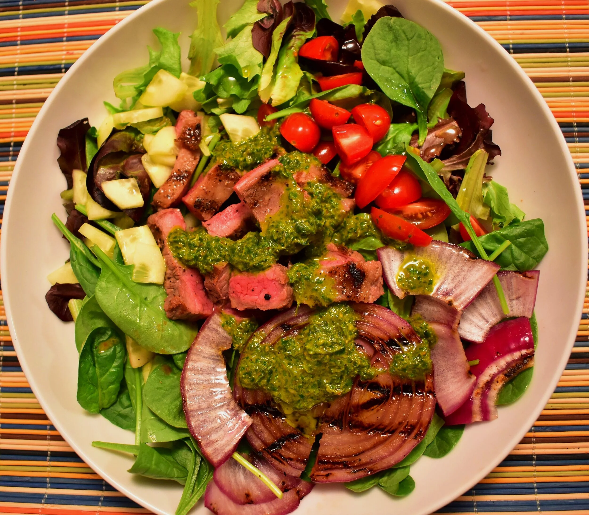 Chimichurri Salad with Steak and Grilled Red Onions